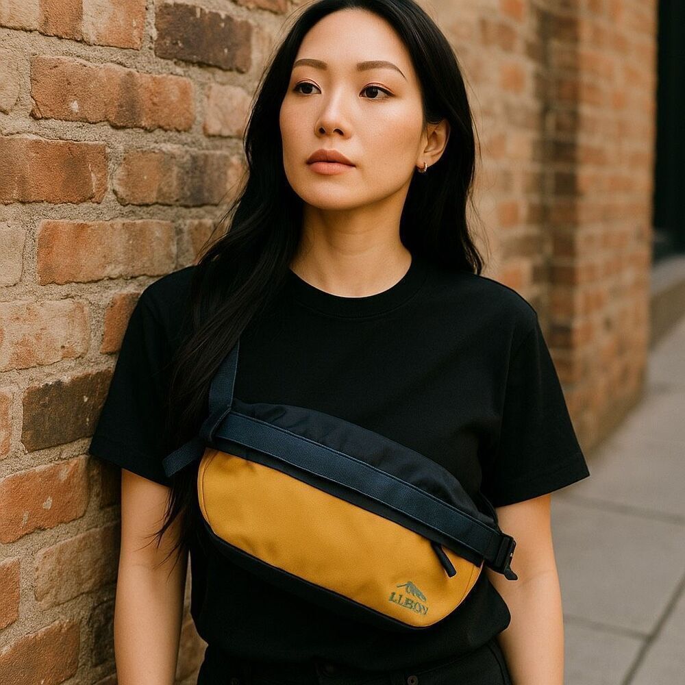 L.L.Bean Athleisure Sling Pack Belt Bag- Toffee Yellow Navy Blue, New With Tags